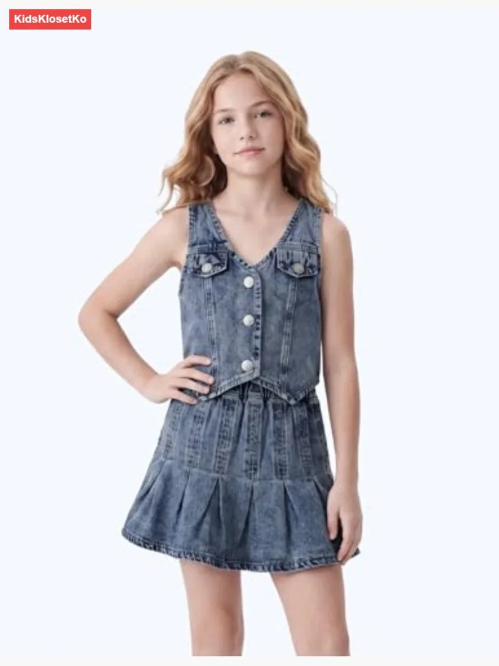 Girls Preppy Denim Vest & Pleated Skirt Set 2-Piece Outfit Soft Breathable